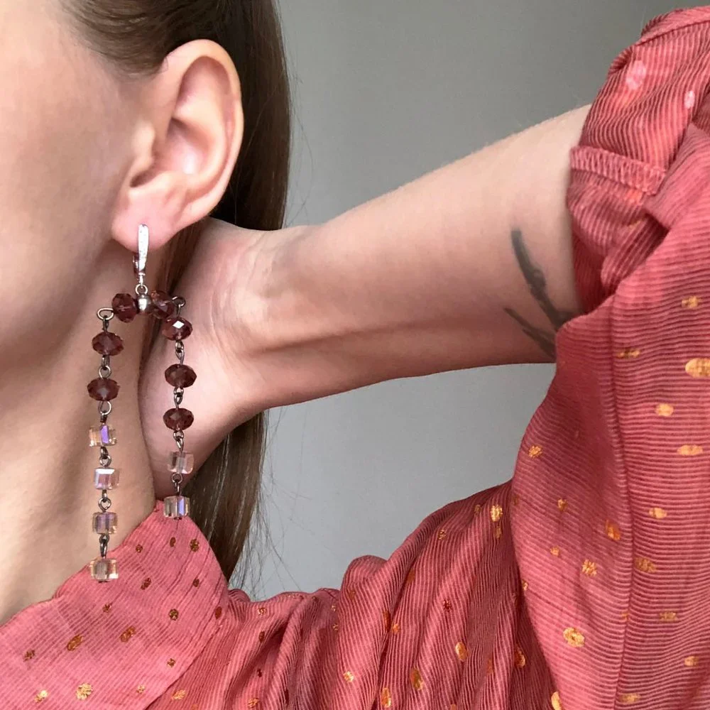 Unusual chandelier earrings, long fancy eye catching summer earrings statement